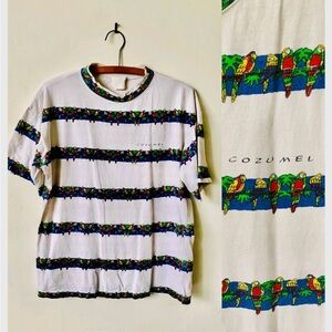 Vintage Cozumel Mexico Parrot Graphic Striped T Shirt 1990’s Mexico Tourist Tee